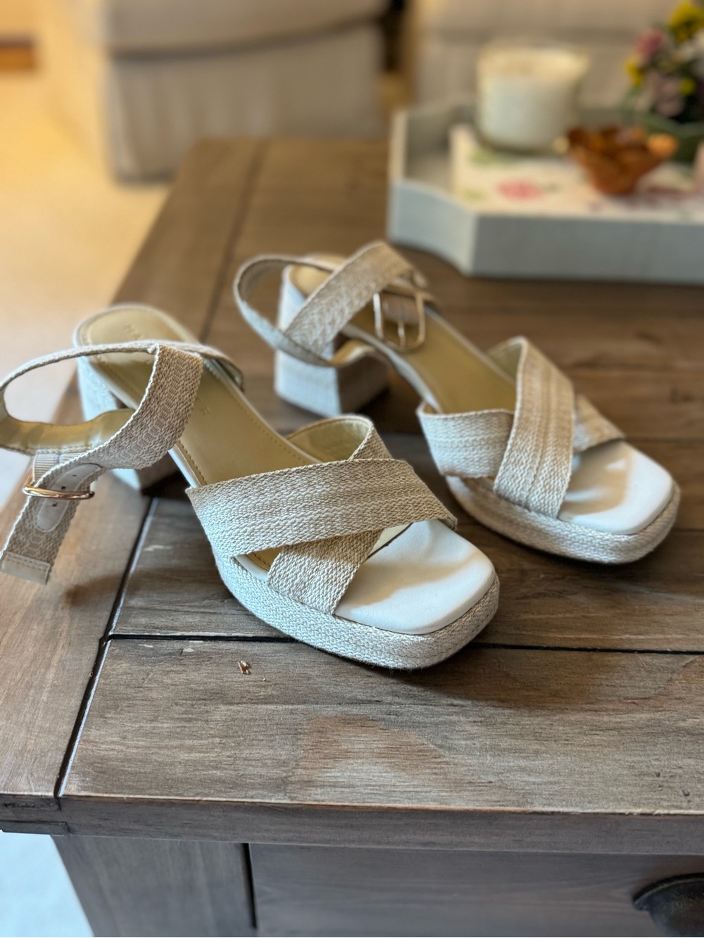 Marc Fisher Beige Woven Platform Block Heel Sandals size 8
